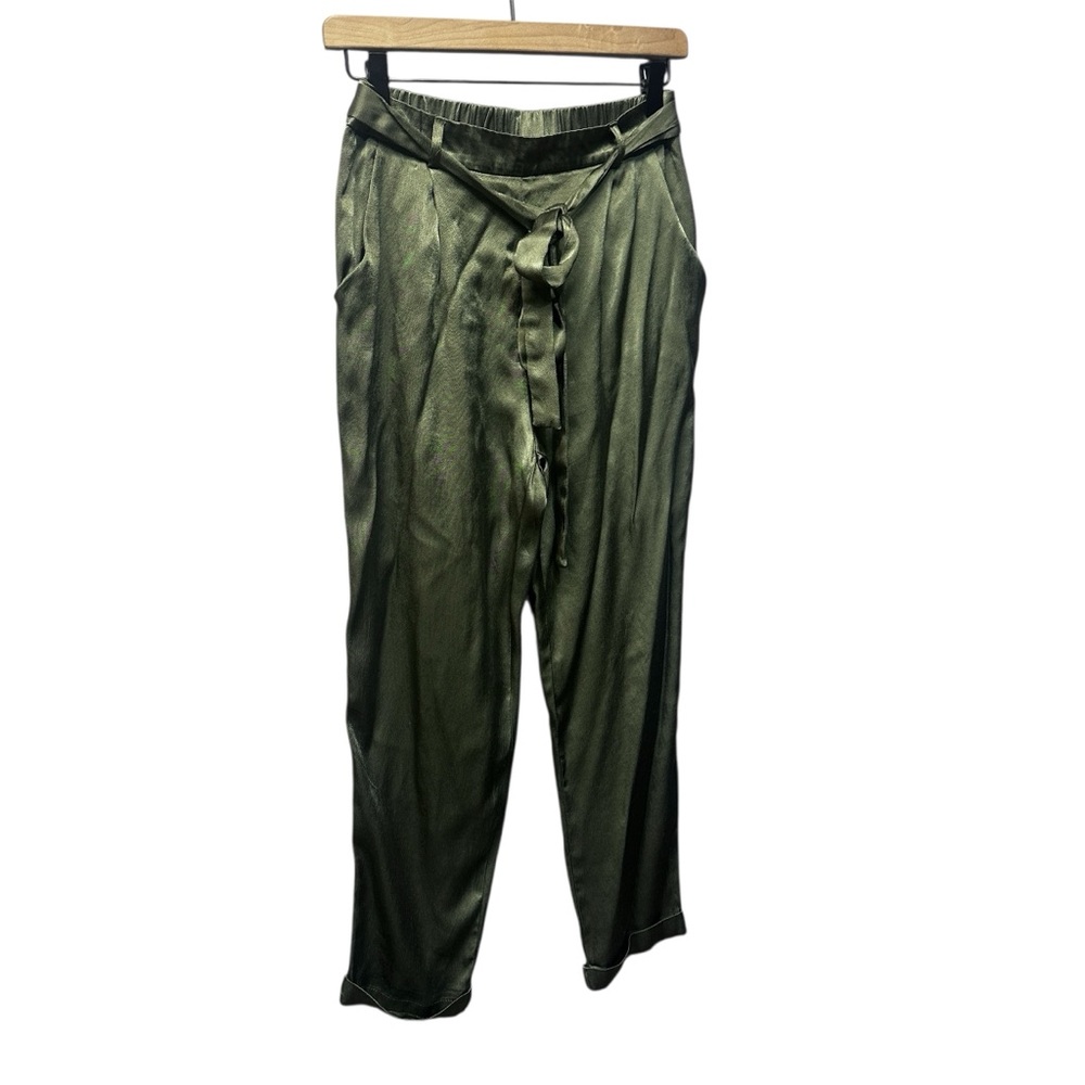 Alya Army Green Satin Look Belted Cuffed Ankle Pant Small